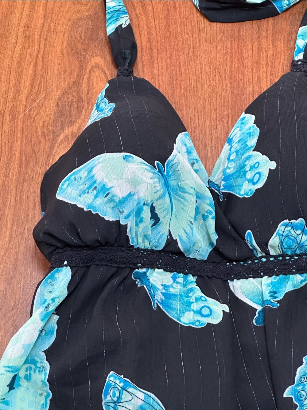 Jordache Butterfly Halter Top Juniors L Black Blue Y2K Handkerchief Hem - Picture 4 of 6
